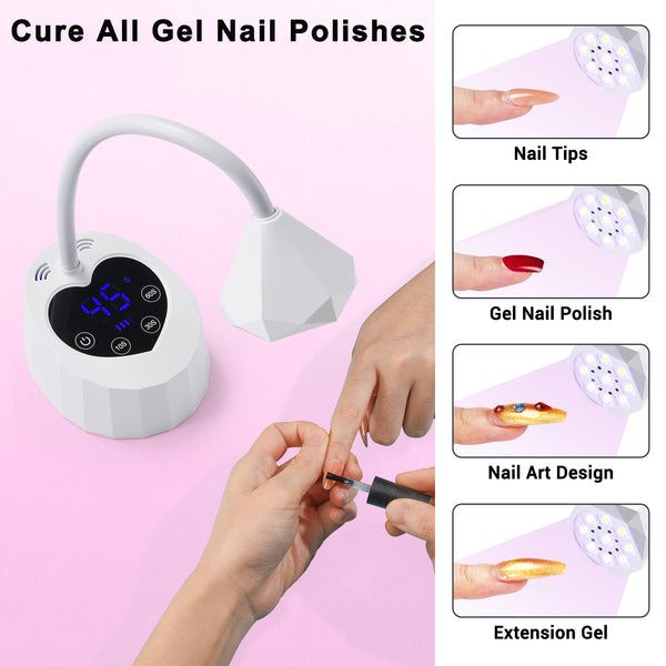 UV LED Nail Lamp for Gel X Nails - 27W Cordless & Rechargeable, Auto Sensor Fast Curing Flash Cure Lamp with 4 Timers LCD Display, Portable Mini Gooseneck Light for Home DIY Manicure